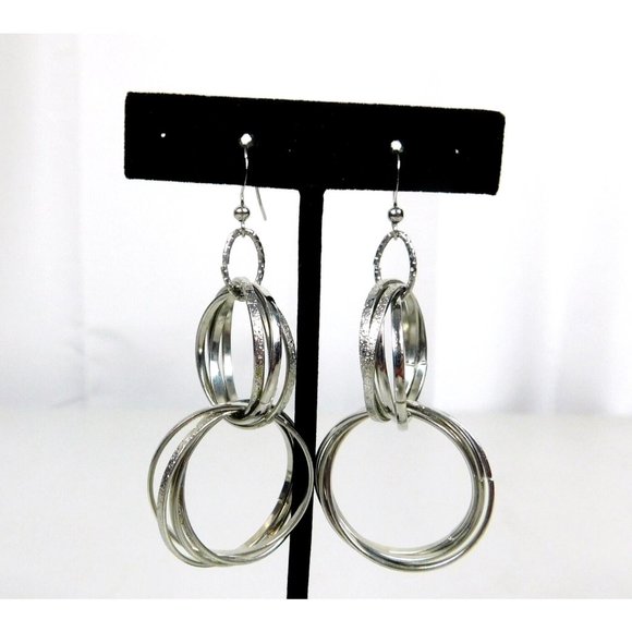 Multi Circle-Link Interlocking Hoops Polished Textured Dangled Pierced Earrings - Picture 1 of 8